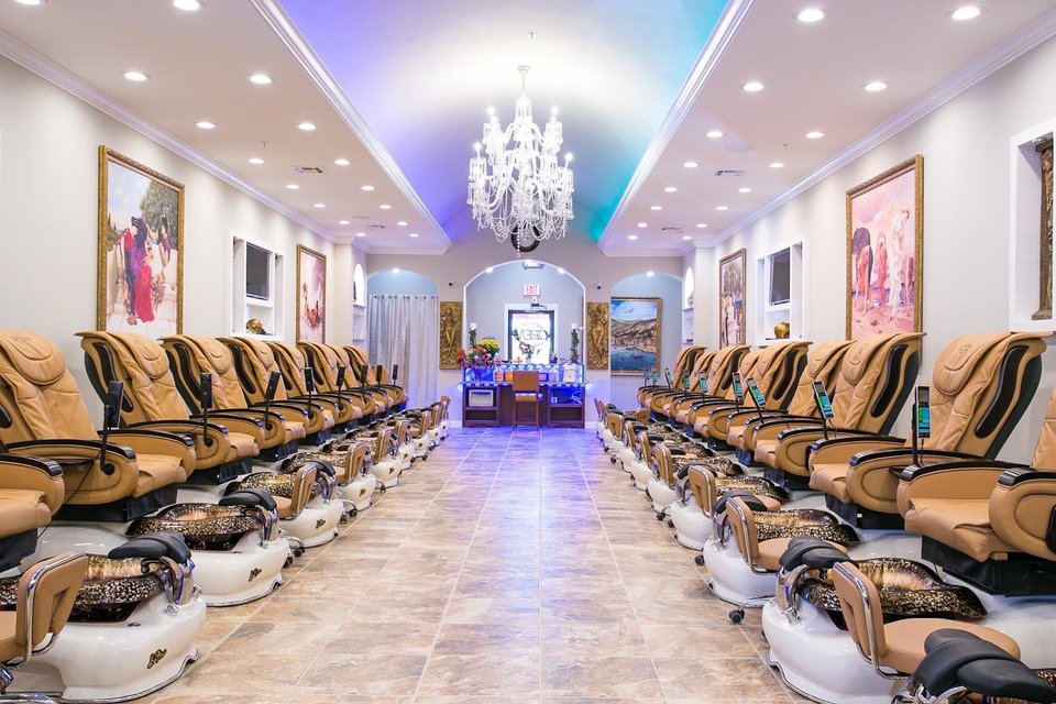 Nail salon station with manicure tools